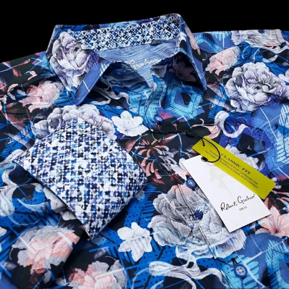 Robert Graham Geometric Floral Colorful Mens Large Blue Multicolor Sport Shirt